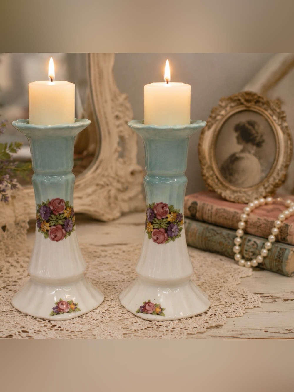 Shabby Chic Victorian Candle Stick Holders Blue White Rose Floral Vintage set 2